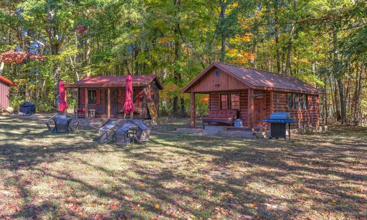 Hartford RV Rental | NEW! Wooded Acres Resort - 2 Small Cabins Plus Separate Building with 2 Bathrooms! Includes A/C and Heat! Dog-friendly with Tents Allowed!